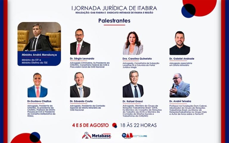 Ministro André Mendonça, do STF, e outros convidados especiais participam, em agosto, da I Jornada Jurídica de Itabira, promovida pelo Metabase e pela OAB local