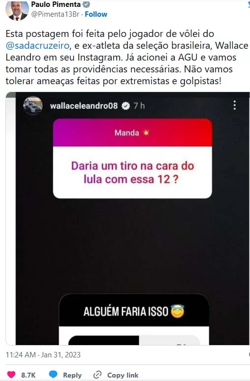 Jogador de vôlei faz enquete sobre tiro na cara de Lula